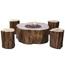 Vorschaubild Gardenforma Sitzgruppen -Set: Gas Feuerstelle Manchester aus Faserbeton in Baumstammoptik, redwood & 4x Hocker