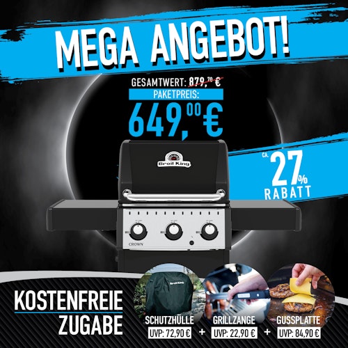 Broil King Gasgrill CROWN 310 inkl. Schutzhülle, Gussplatte und Grillzange